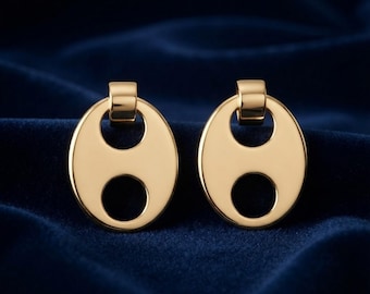 Vintage Gold Earrings, Loewe Style Hoop Drop Earrings, Retro Minimalist Jewelry, Elegant Geometric Statement Earrings, Gift for Women
