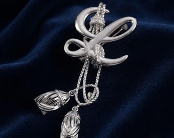 Vintage Silver Brooch, Loewe Style Bow Pendant Pin, Retro Luxury Jewelry, Elegant Tassel Statement Brooch, Gift for Women