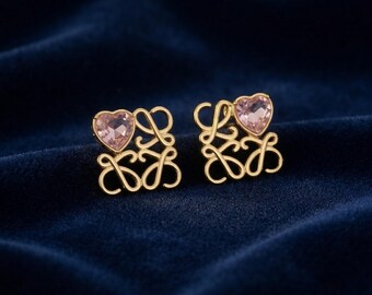 Vintage Gold Earrings, Loewe Style Crystal Heart Earrings, Retro Luxury Jewelry, Elegant Statement Stud Earrings, Gift for Women