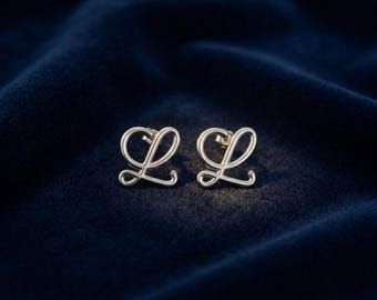 Vintage Silver Earrings, Loewe Style Logo Stud Earrings, Retro Minimalist Jewelry, Elegant Geometric Statement Earrings, Gift for Women
