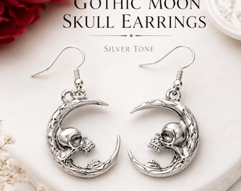 Gothic maanschedeloorbellen, zilveren halve maan schedel hangoorbellen, Halloween-sieraden, Witchy Goth-cadeau