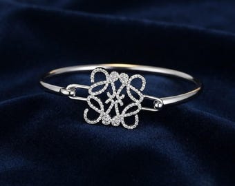 Vintage Silver Bracelet, Loewe Style Crystal Cuff Bangle, Retro Luxury Jewelry, Elegant Rhinestone Statement Bracelet, Gift for Women