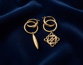 Vintage Gold Earrings, Loewe Style Charm Hoop Earrings, Retro Luxury Jewelry, Elegant Drop Statement Earrings, Gift for Women