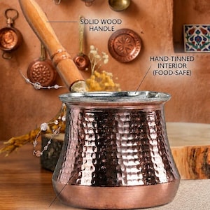 Extra Large Hand-Hammered Copper Cezve - 6-7 Person Capacity (500ml/17oz) - Authentic Turkish Coffee Pot with Wooden Handle XL