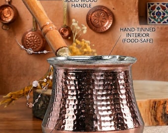 Extra Large Hand-Hammered Copper Cezve - 6-7 Person Capacity (500ml/17oz) - Authentic Turkish Coffee Pot with Wooden Handle XL