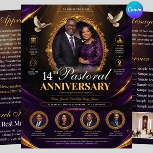 Könnte beinhalten: Flyer zum 14. Pastoraljubiläum einer Kirche mit einem Paar in einem goldgerahmten Oval. Das Design umfasst goldene Akzente, Tauben und Text wie "To God Be The Glory" und "25 Years of Faithful Leadership, Love & Sacrifice."