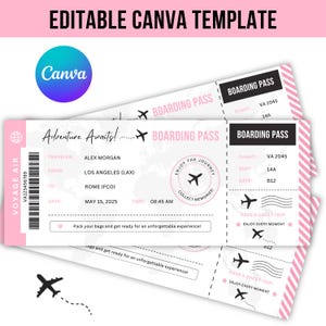 Puede incluir: Una plantilla editable de Canva con un diseño de tarjeta de embarque en tonos rosa claro y blanco. La tarjeta incluye texto como Adventure Awaits, Voyage Air y Boarding Pass, junto con iconos de aviones, un mapa mundial y detalles de vuelo.
