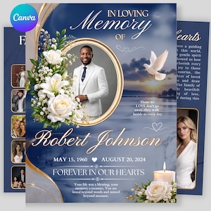May include: A funeral program template featuring a deep blue marble background, a gold-framed portrait of a person in a white suit, white lilies and roses, a flying white dove, a lit candle, and text including Robert Johnson, May 15, 1960, and August 20, 2024.