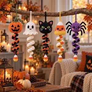 May include: Five hanging crochet ornaments featuring Halloween characters: an orange pumpkin, a white ghost, a black cat, a candy corn, and a purple spider. Each figure has a spiral tail ending in a small candy corn charm, suspended by a loop.