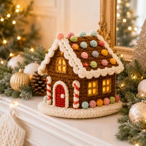 Könnte beinhalten: Ein braunes gehäkeltes Lebkuchenhaus mit roter Tür, weißen Zuckerstangen-Säulen und weißem Dachrand. Das Dach ist mit bunten Pastell-Pompons verziert und das Haus verfügt über gelb beleuchtete Fenster auf einem weißen Sockel.
