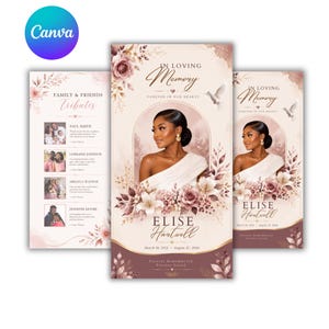 May include: A funeral program template featuring a portrait of a person in a white top, surrounded by mauve floral illustrations, a flying dove, and the text In Loving Memory, Elise Hartwell, March 18, 1952 - August 27, 2026, Forever Remembered Forever Loved.