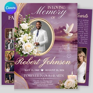 Puede incluir: Una plantilla de programa funerario en tonos morados con un marco circular para fotos de una persona con traje blanco, arreglos florales blancos, una paloma volando, un paisaje al atardecer, una vela encendida y el texto In Loving Memory.