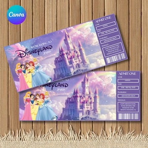 Puede incluir: Dos entradas para Disneyland París. Las entradas presentan una escena de castillo morado y rosa con princesas Disney. El texto incluye "We're going to Disneyland Paris" y "Admit One". Las entradas están sobre una superficie de madera.