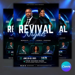 May include: A digital event flyer for Revival Nights featuring portraits of Pastor Derrick Johnson and First Lady Kimberly Johnson. The design includes blue circular lighting, text details for guest speakers James Williams, Tiffany Brooks, and Caleb Anderson, and event dates of June 20-22, 2025, at 7:00 PM.