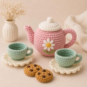 Può includere: Un set da tè all'uncinetto fatto a mano composto da una teiera rosa con coperchio bianco e un'applicazione a margherita, due tazze da tè verde chiaro su piattini bianchi smerlati e due biscotti marroni con gocce di cioccolato.