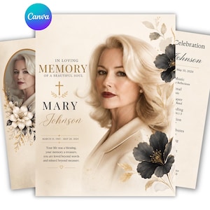 Può includere: Un modello di programma funebre con il ritratto di una persona bionda, accenti floreali scuri e testo dorato che recita In Loving Memory of a Beautiful Soul, Mary Johnson, 15 marzo 1965 - 20 maggio 2024, su uno sfondo color crema.