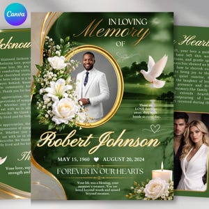 May include: A funeral program template in deep green with gold accents, featuring a photo of a man in a white suit, white roses, a flying dove, and the text In Loving Memory of Robert Johnson, May 15, 1960, August 20, 2024, Forever in Our Hearts.