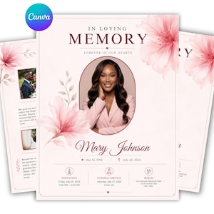 Może przedstawiać: Szablon programu pogrzebowego z jasnoróżowym tłem i delikatnymi różowymi ilustracjami kwiatowymi. Tekst zawiera In Loving Memory, Forever in Our Hearts, Mary Johnson, May 12, 1992, July 20, 2024 oraz szczegóły dotyczące wizyty i nabożeństwa.