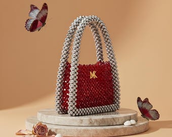Bolsa de mão elegante com cristais rubi vermelhos da MK Accessories | Bolsa de luxo feita à mão com cristais para mulheres | Bolsa de noite de grife premium |