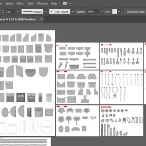 May include: A digital design interface displaying a collection of vector illustrations for garment components, including various pocket shapes, zipper pulls, clothing tags, and hardware icons arranged in a grid on a grey workspace background.