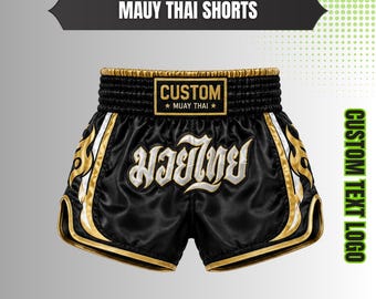 Aangepaste muay thai shorts, gepersonaliseerde kickboksbroek, zwart goud muay thai uitrusting, geborduurde thaiboksshort, op maat gemaakt cadeau vechter