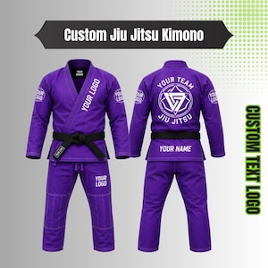 May include: A purple Jiu Jitsu kimono set featuring a black belt, long sleeves, and long pants. The front displays 'YOUR LOGO' and 'YOUR BRAND' text, while the back features a circular 'YOUR TEAM JIU JITSU' graphic and 'YOUR NAME' text.