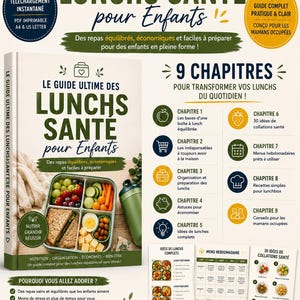 Peut inclure: Couverture d'un guide intitulé "Le Guide Ultime des Lunchs Santé pour Enfants". Il promet des repas équilibrés, économiques et faciles à préparer. Le guide comprend 9 chapitres et des idées de lunchs complets.