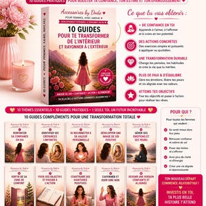 Peut inclure: Publicité pour une série d'ebooks de développement personnel. L'image présente une femme en robe rose, une couverture de livre et diverses icônes. Le texte comprend "Transformez votre vie" et "10 guides pour femmes".