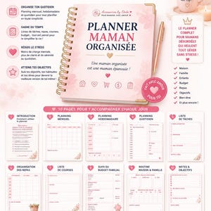 Peut inclure: Un agenda rose et doré avec spirale, intitulé "Maman Organisée" avec du texte en français. Il comprend des sections pour la planification quotidienne, hebdomadaire et mensuelle, ainsi que la définition d'objectifs et le budget. La couverture présente un motif de cœur.