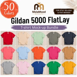 May include: A digital bundle of Gildan 5000 flat lay t-shirt mockups featuring 15 different solid colors including red, beige, light green, gray, navy, pink, light blue, orange, magenta, tan, light gray, light pink, blue, green, and yellow.
