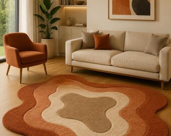 Abstract Organic Wavy Rug, Terracotta Beige Tufted Carpet, Boho Living Room Decor