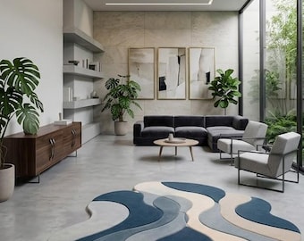 Organic Modern Abstract Rug, Blue Cream Wavy Shape, Tufted Living Room Carpet