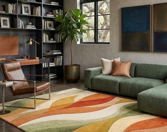 Modern Abstract Wave Area Rug, Earthy Tones Living Room Carpet
