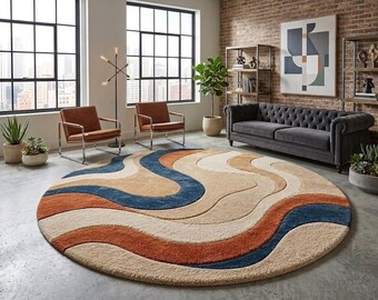 Abstract Organic Waves Round Rug, Navy Terracotta Beige Tufted Carpet