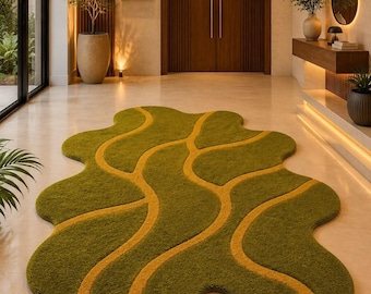 Organic Shape Tufted Rug, Green Abstract Wavy Carpet, Irregular Freeform Design