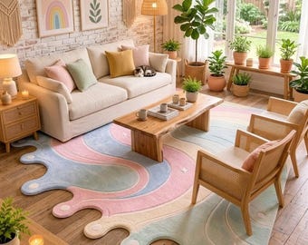Pastel Rainbow Irregular Area Rug, Soft Tufted Nursery Rug, Kids Room Carpet, Modern Abstract Shaped Rug, Boho Home Decor