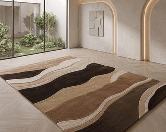 Handmade Luxury Wool Abstract Wave Rug, Contemporary Beige Brown Carpet