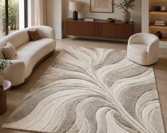 Handmade Abstract Wool Area Rug, Sculpted Wave Carpet, Beige Cream Living Room Home