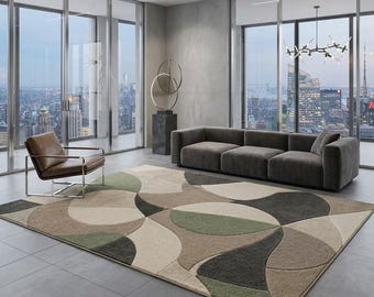 Modern Abstract Area Rug, Geometric Neutral Living Room Rug, Contemporary Beige Grey Green Carpet, Minimalist Floor Rug