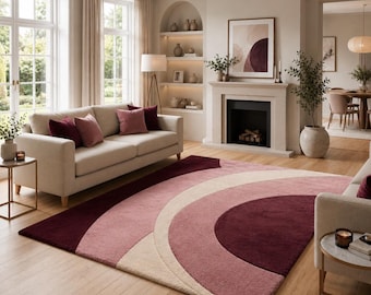 Modern Abstract Area Rug, Burgundy Pink Cream Geometric Carpet, Plush Living Room Floor Rug
