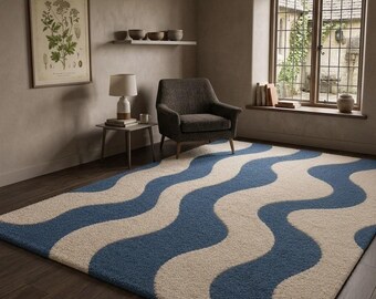 Blue Cream Wave Area Rug, Abstract Organic Tufted Carpet, Minimalist Living Room Decor