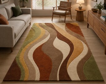 Abstract Wavy Lines Area Rug, Earth Tone Living Room Carpet, Mid Century Modern Decor