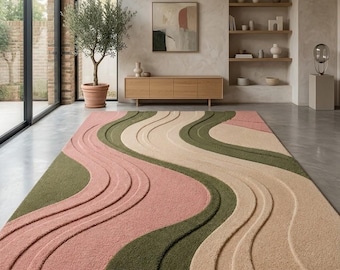 Abstract Wavy Area Rug, Pink Green Beige Tufted Carpet, Scandinavian Living Room Decor