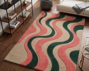 Abstract Wave Area Rug, Pink Green Beige Contemporary Shag Carpet