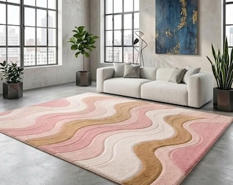 Abstract Wave Rug, Pink Beige Cream Plush Carpet, Scandinavian Living Room Floor Rug