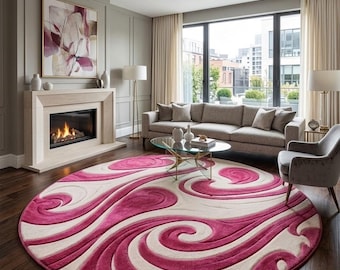 Pink Cream Abstract Swirl Round Rug, Modern Plush Area Carpet