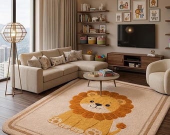 Cartoon Lion Kids Rug, Soft Animal Nursery Carpet, Playroom Toddler Decor