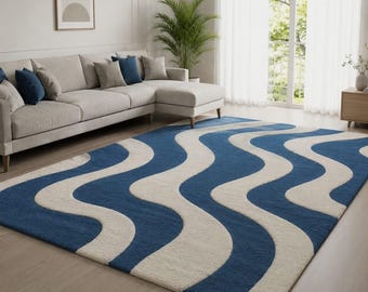 Blue Cream Abstract Wave Area Rug, Modern Scandinavian Living Room Carpet