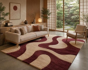 Modern Abstract Burgundy Cream Area Rug, Plush Wavy Shag Carpet