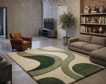 Modern Abstract Green Area Rug, Scandinavian Tufted Rug, Minimalist Geometric Carpet, Soft Plush Living Room Rug,